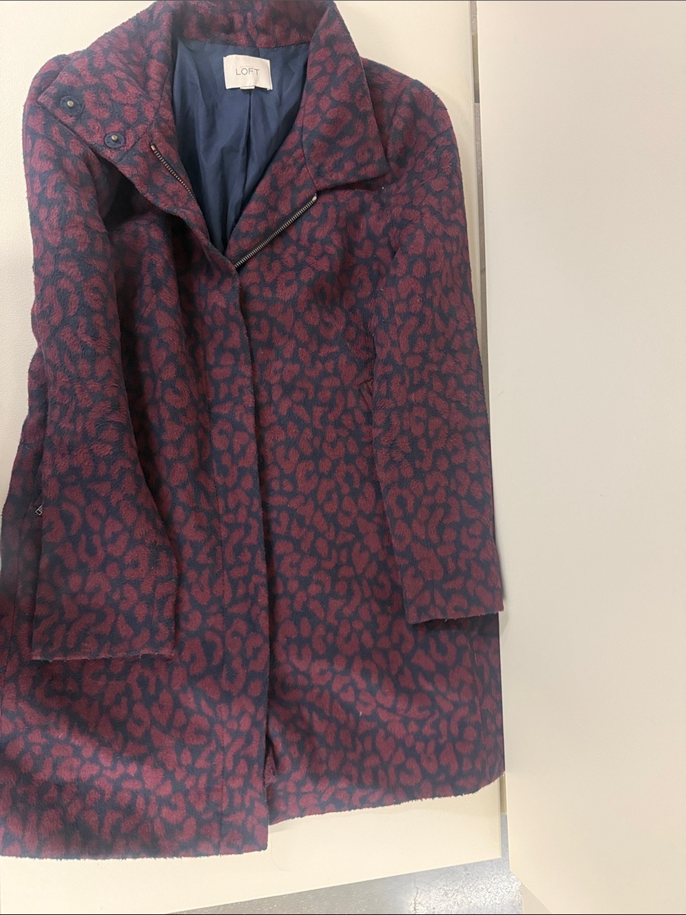 LOFT Burgundy and Navy Patterned Pea Coat